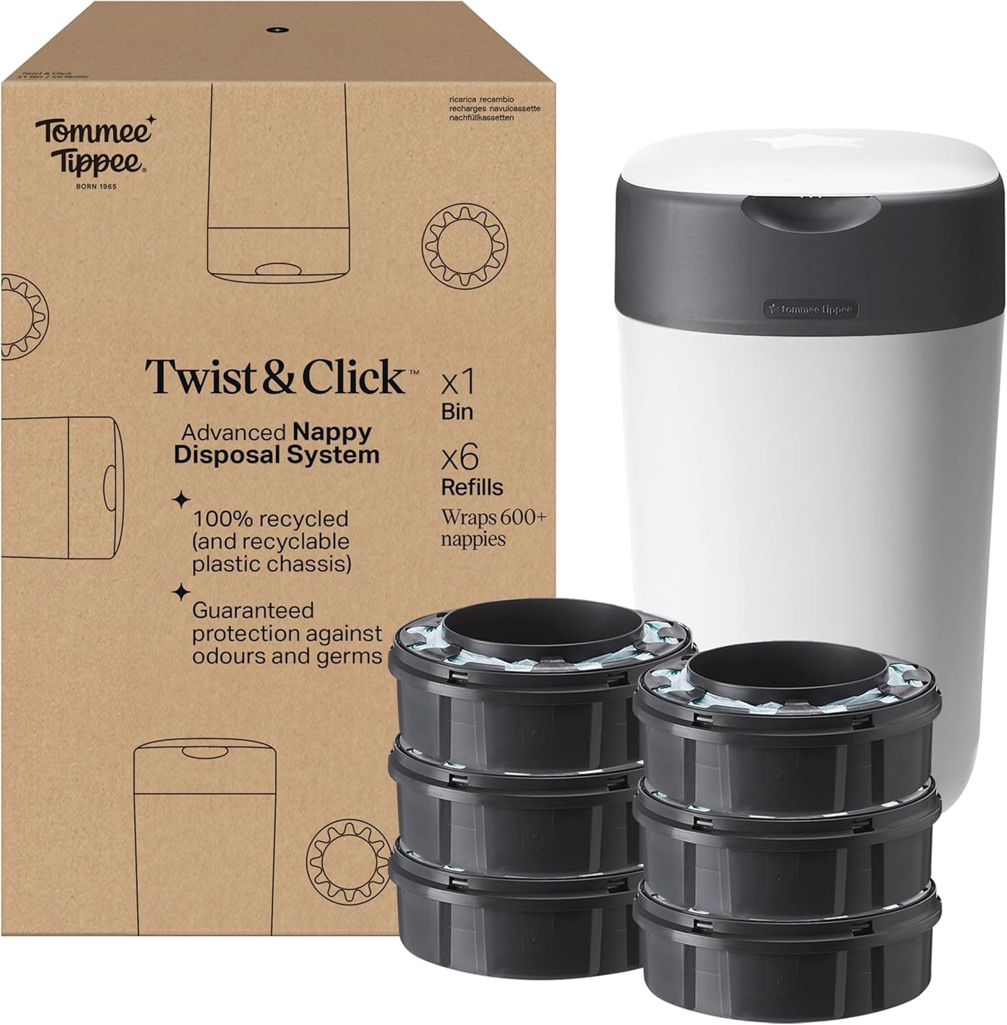Tommee Tippee Conjunto inicial de lixeira para fraldas Twist and Click, 6 cassetes de refil com película multicamadas antibacteriana, estrutura 100% reciclada, branca.
