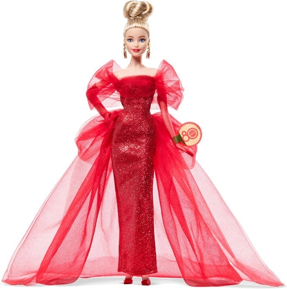 Barbie Boneca Signature, Edição de Colecionador do 80º Aniversário da Mattel, em Vestido de Tule Vermelho Brilhante com Brincos Pendentes e Luvas Transparentes, Cabelo Loiro, JBJ17