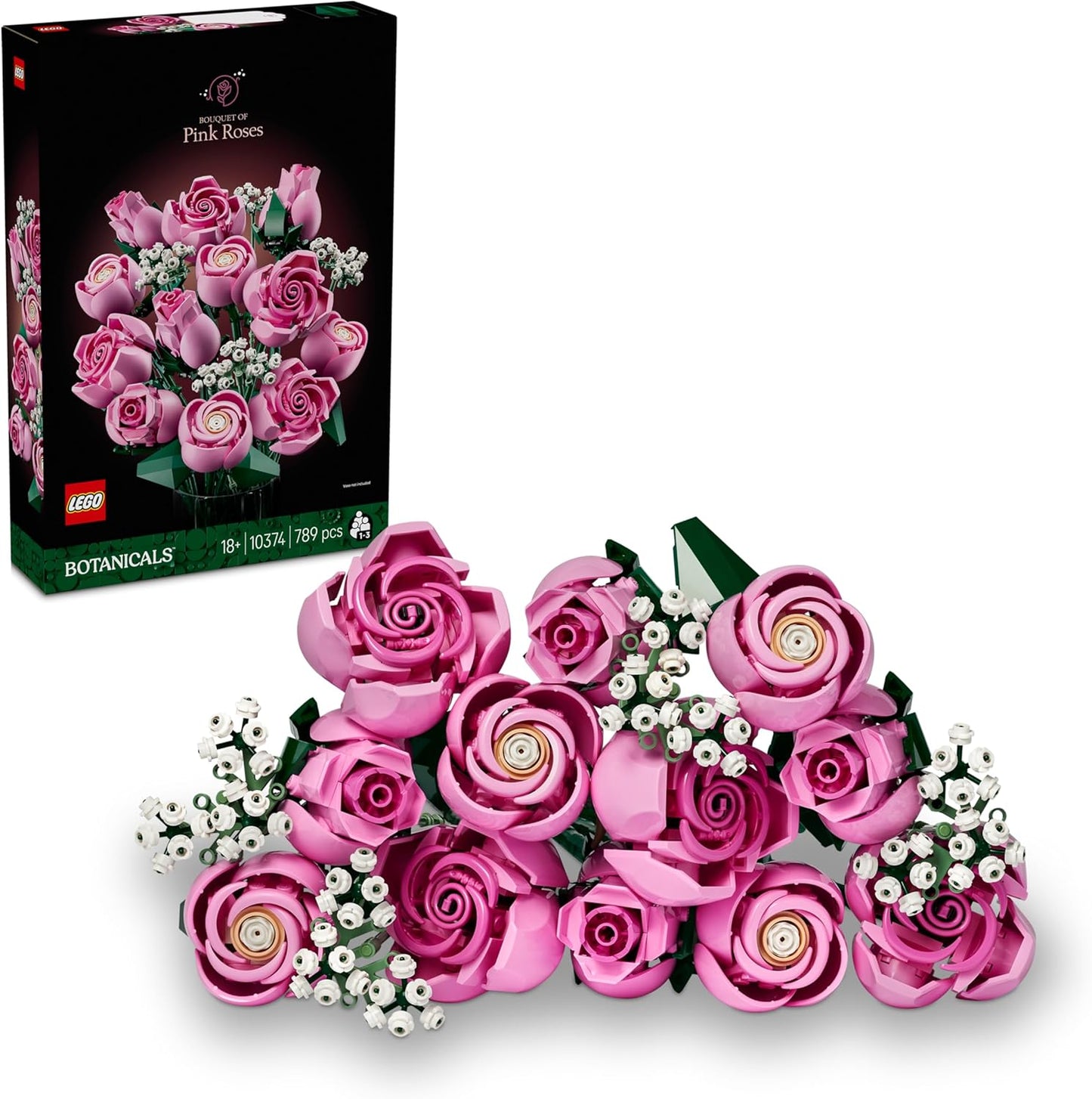 LEGO Botanicals Buquê de Rosas Cor-de-Rosa - Conjunto de Construção de Flores Artificiais para Adultos - Inclui 12 Rosas Artificiais e 4 Ramos de Gipsofila para Decoração de Casa - Ideia de Presente DIY - 10374