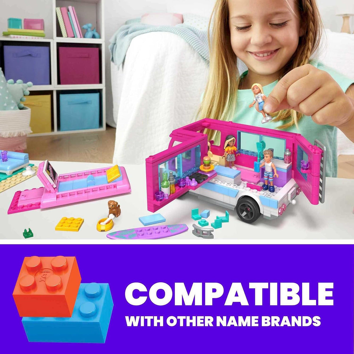 MEGA Conjunto de Construção Construx Barbie – Aventura no Trailer dos Sonhos, com 580 peças, 4 micrombonecas, pets da Barbie e acessórios, Rosa, para crianças a partir de 6 anos, HPN80