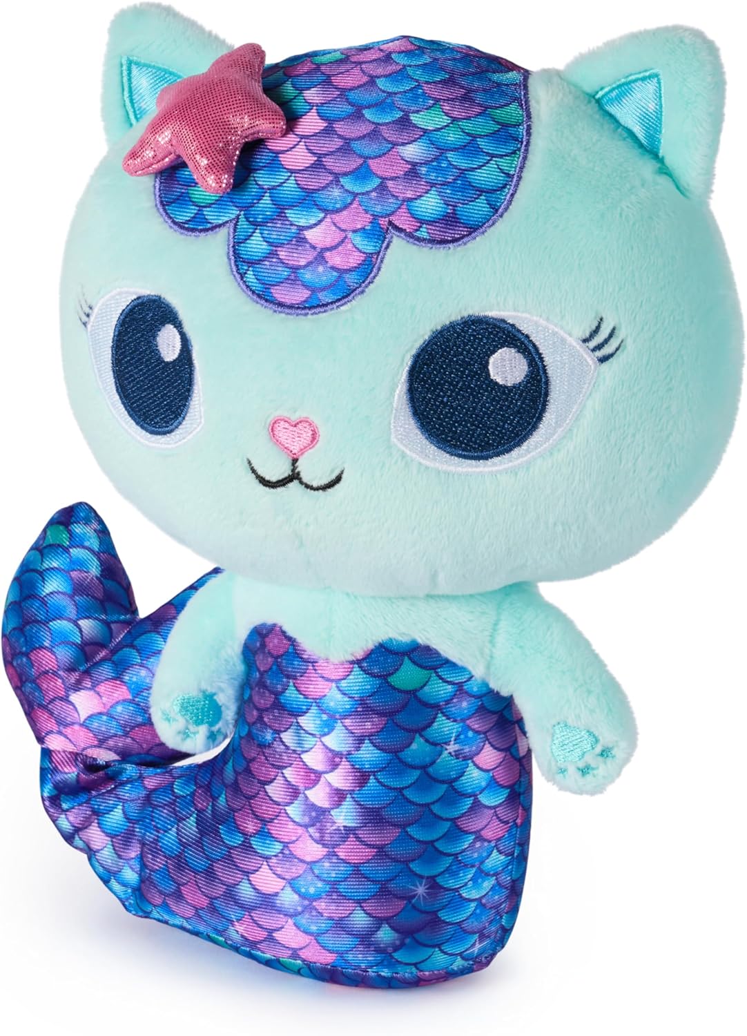Gabby’s Dollhouse, Sereia-Gata Fin-Tastic, Brinquedo de Pelúcia Premium, Animal de Pelúcia de 25cm de Altura com Cauda de Sereia Móvel, Brinquedo Infantil para Meninas e Meninos a partir de 3 Anos