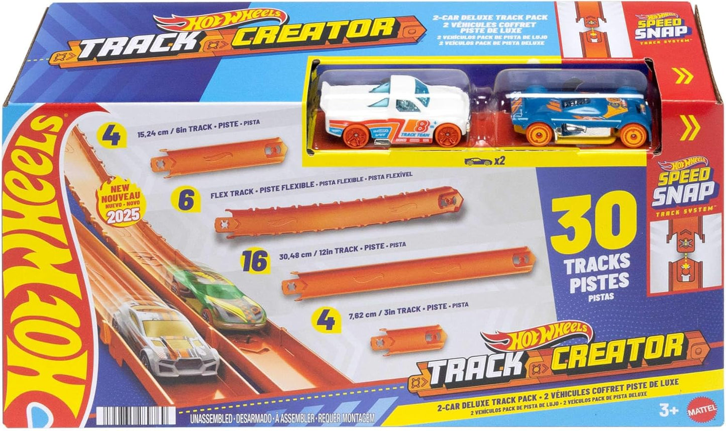 Conjunto de Pista de Carrinhos Hot Wheels, Pacote Deluxe Track Creator com 2 Veículos Die-Cast em Escala 1:64, 7,62 metros de Pista Speed Snap de Diferentes Comprimentos e Conectores, JDW42