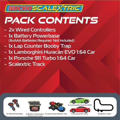 Scalextric Micro Scalextric - Conjunto de corrida de super velocidade Lamborghini vs Porsche - Conjuntos de corrida movidos a bateria, pistas de corrida de slot car