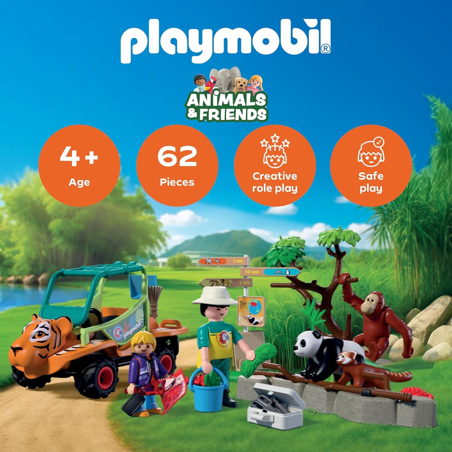 Playmobil | Animais e Amigos | Tratador de animais com veículo | Veículo com design de cabeça de tigre e 3 animais | Brinquedo infantil para crianças a partir de 4 anos | 72072