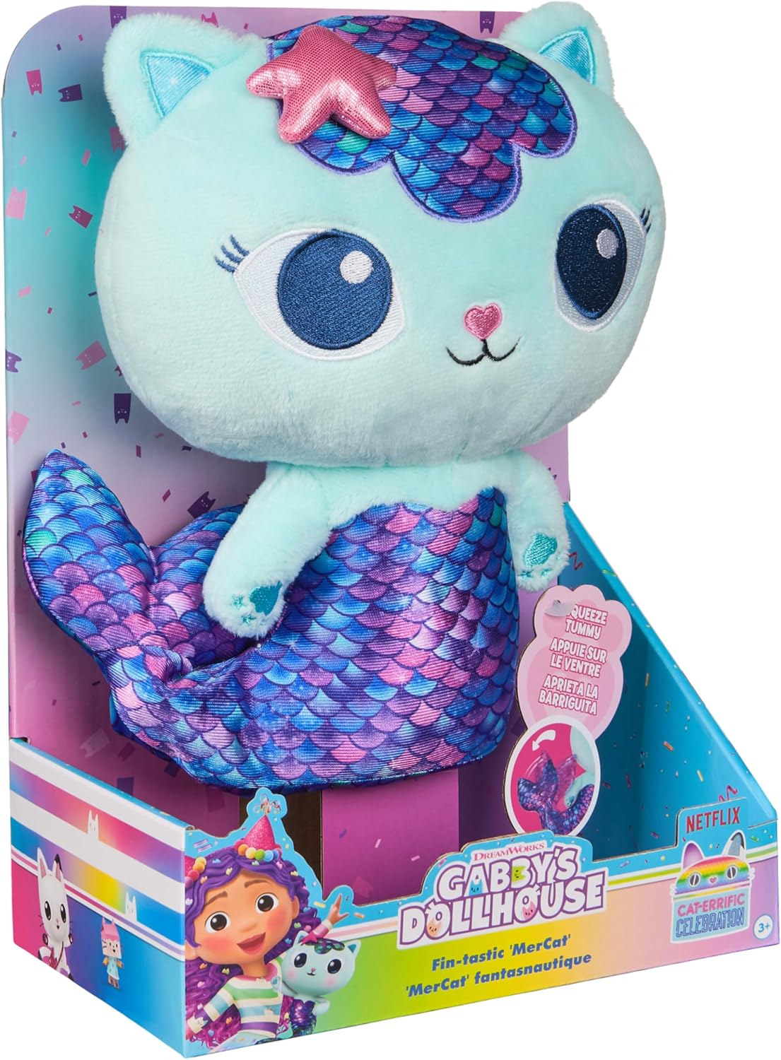 Gabby’s Dollhouse, Sereia-Gata Fin-Tastic, Brinquedo de Pelúcia Premium, Animal de Pelúcia de 25cm de Altura com Cauda de Sereia Móvel, Brinquedo Infantil para Meninas e Meninos a partir de 3 Anos