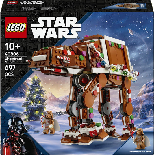 LEGO AT-AT Walker de Biscoito de Gengibre 40806 | Brinquedo para meninos e meninas a partir de 10 anos, minifigura de Darth Vader com sabre de luz, decoração festiva, presente de Natal, 697 peças