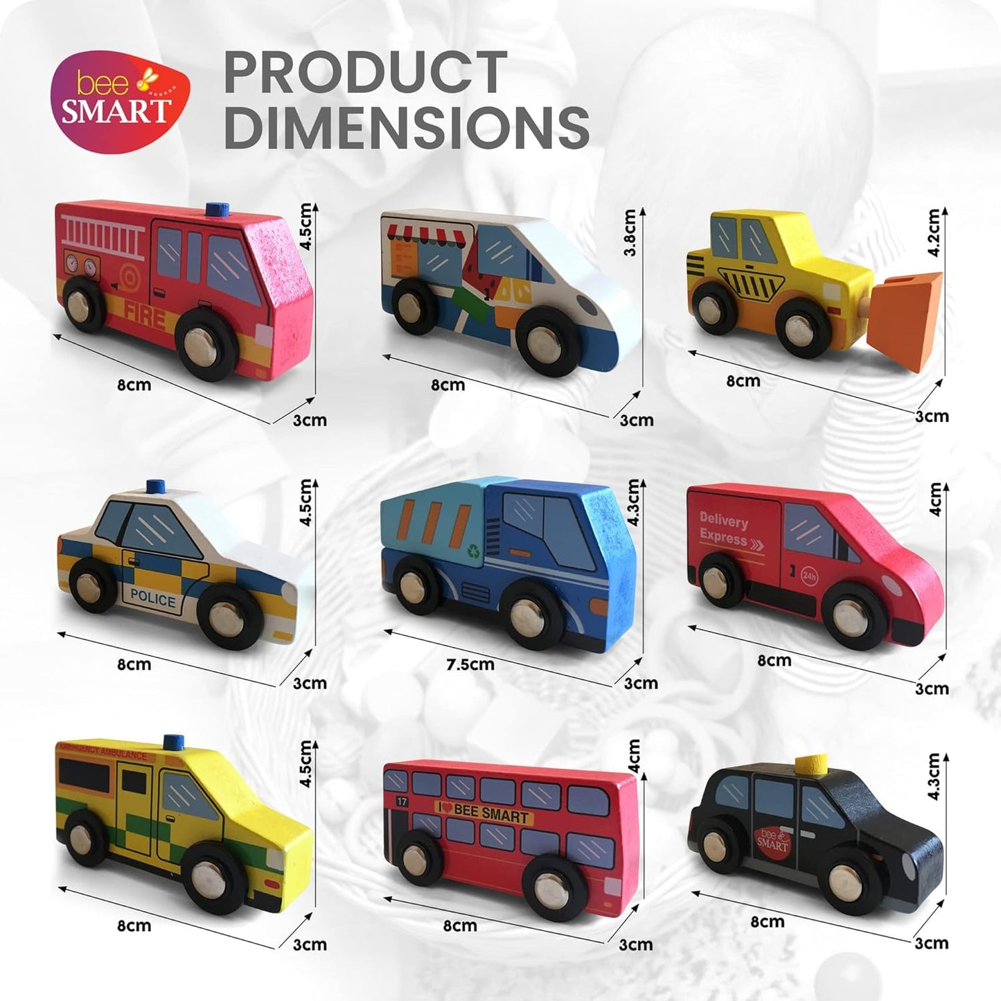 Bee Smart Carros de brinquedo de madeira - conjunto de 9 | Inclui veículo policial infantil, ônibus de Londres, táxi preto, ambulância, carro de bombeiros em caixa de madeira | Presentes de aniversário coloridos