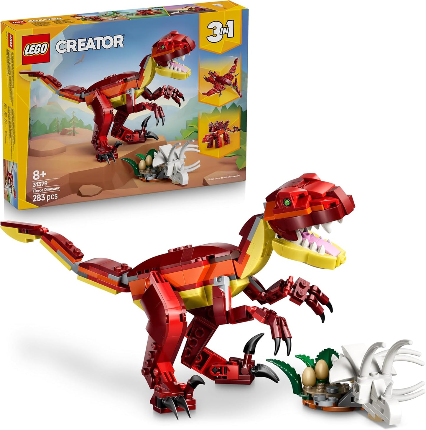 LEGO Creator 3 em 1 Dinossauro Feroz - Monte figuras de Velociraptor, Estegossauro ou Pterossauro com esqueleto e dentes afiados - Ótima ideia de presente de aniversário para meninos e meninas a partir de 8 anos - 31379