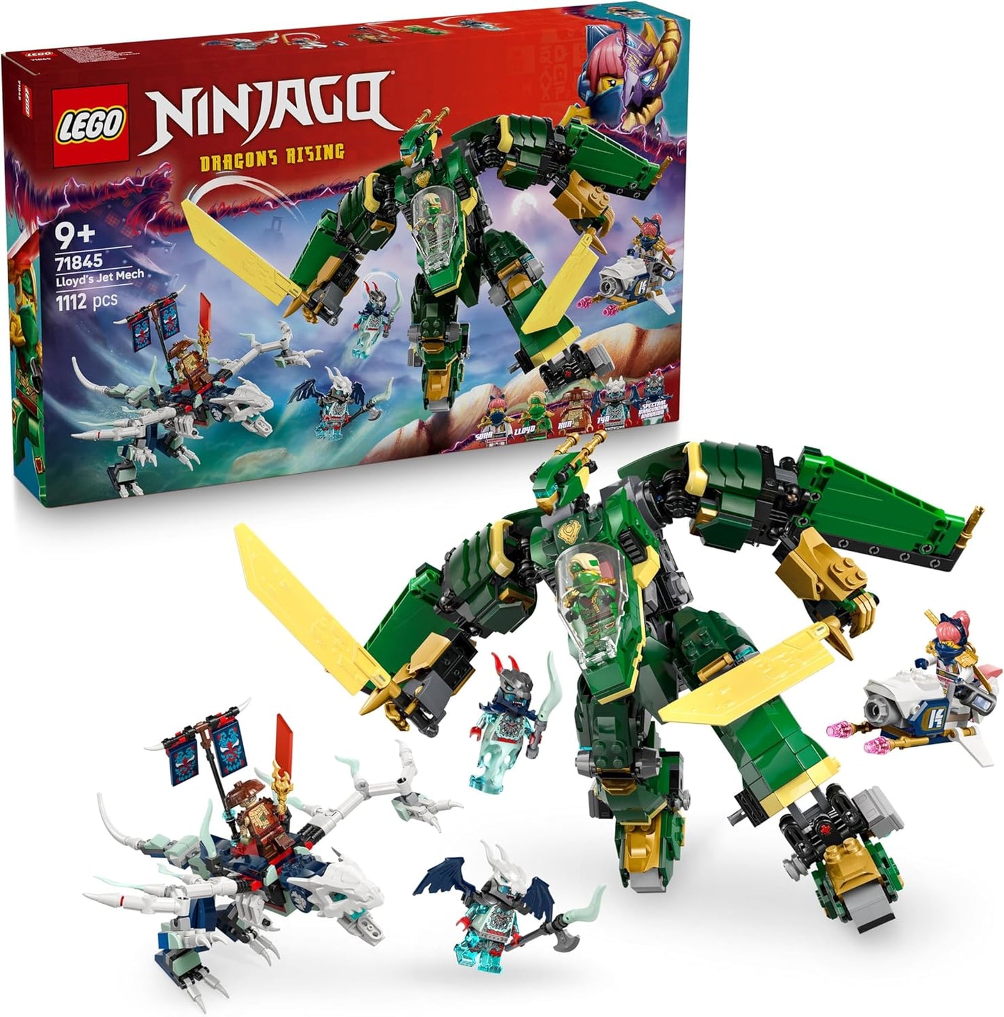 LEGO NINJAGO 2 em 1 Robô a Jato do Lloyd - Transforma-se em um Brinquedo a Jato - 5 Minifiguras, incluindo Sora e Lloyd, além de uma Motocicleta e uma Figura de Dragão - Presente para Meninos a partir de 9 Anos e Fãs de Dragons Rising - 71845
