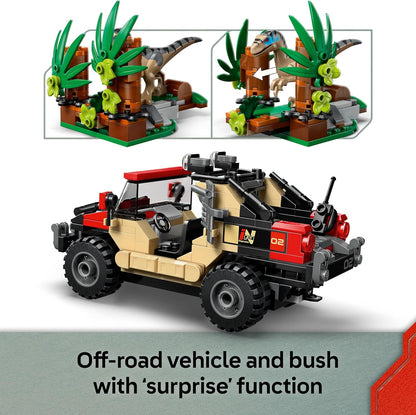 LEGO Jurassic World Raptor Off-Road Escape Dinossauro Brinquedo - inclui 2 figuras de dinossauro, carro off-road e 2 minifiguras - Presente para meninos e meninas a partir de 6 anos e fãs do filme Rebirth - 76972
