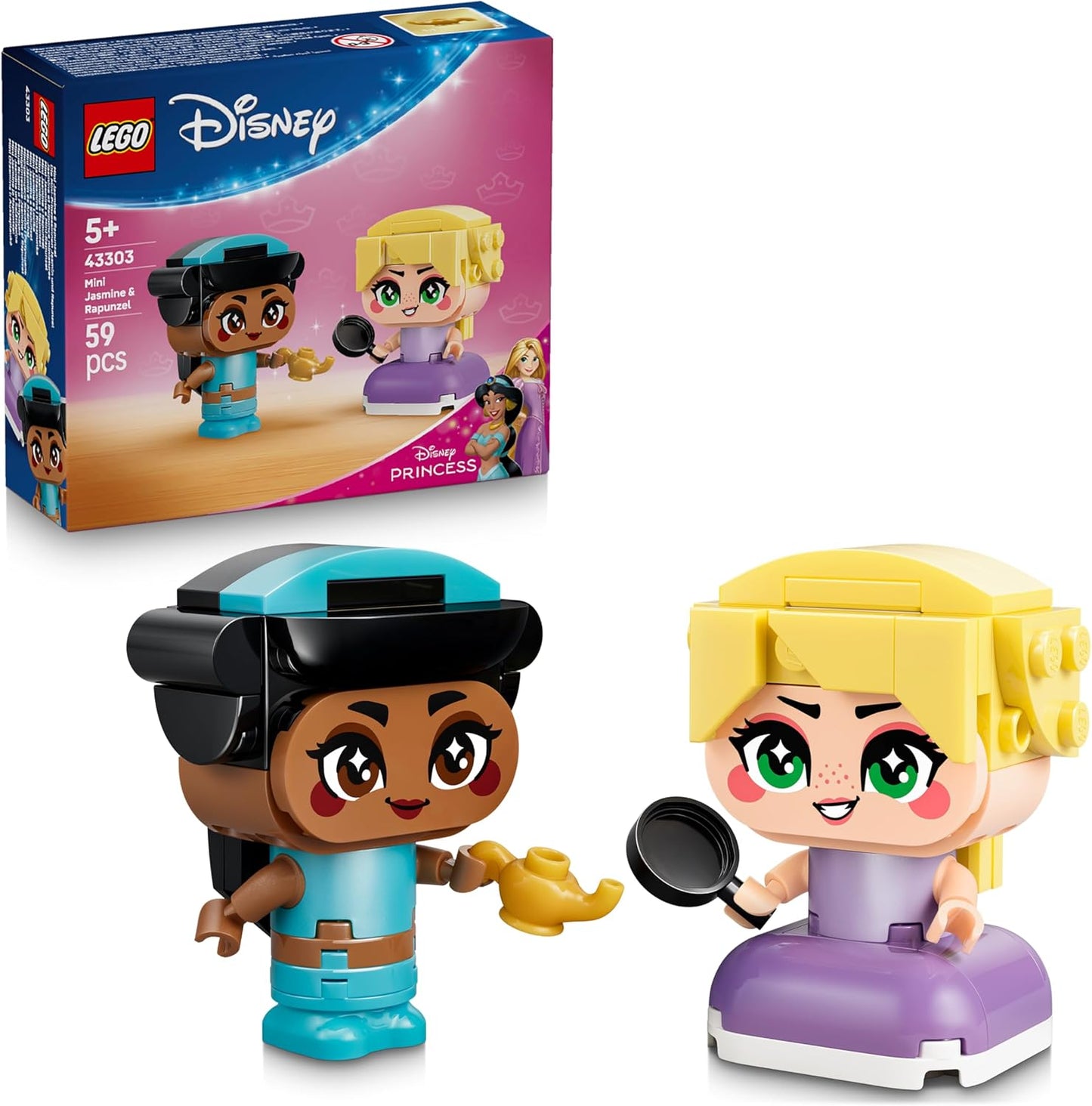 LEGO|Disney Princesas Miniatura Jasmine e Rapunzel - Brinquedo Colecionável com 2 Mini Bonecas e Acessórios, incluindo uma Lâmpada Mágica - Pequeno Presente para Meninas e Fãs a partir de 5 Anos - 43303