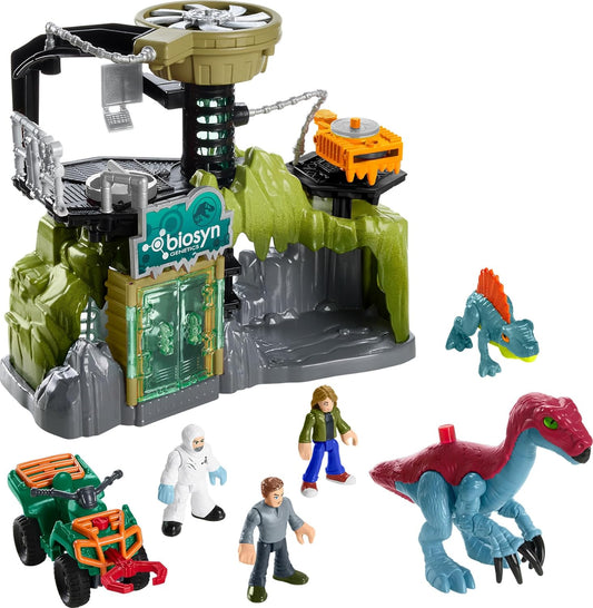Fisher-Price Conjunto de brinquedo Imaginext Jurassic World Laboratório de Dinossauros com figuras de Owen, Grady, Maisie e Dr. Grant, Therizinosaurus e Dimetrodon, para crianças a partir de 3 anos, HPT69