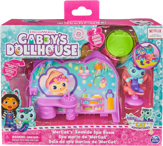 DreamWorks Gabby’s Dollhouse, Conjunto de Spa da MerCat, com figura da MerCat, brinquedos surpresa e mobília de casa de bonecas. Brinquedo infantil para meninas e meninos a partir de 3 anos.