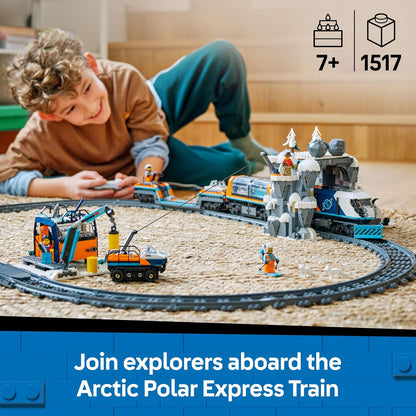 Conjunto de Trem Expresso Polar Ártico LEGO City Explorers - inclui um trem de brinquedo com controle remoto, limpa-neve, 22 peças de trilho, 6 minifiguras e função de queda de rochas - Presente para meninos e meninas a partir de 7 anos - 60470