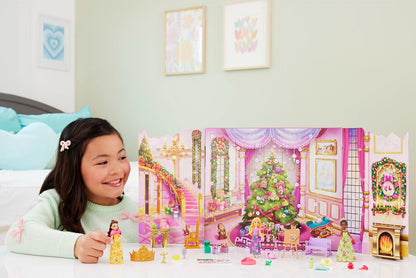 Mattel Calendário do Advento Disney Princess da com Bonecas Rapunzel, Tiana e Bela | 24 Dias de Surpresas: 3 Bonecas Pequenas com Visuais de Inverno, 3 Figuras de Personagens, 6 Looks e 16 Acessórios, JFG79