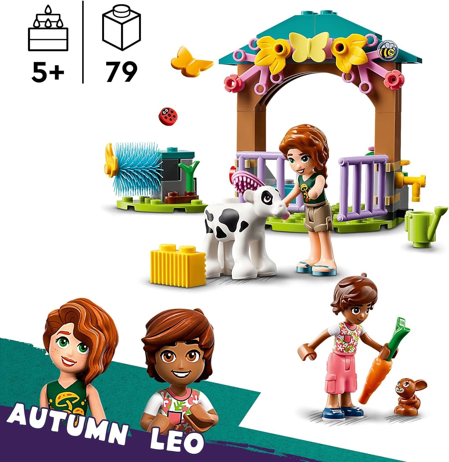 LEGO Friends Autumn's Baby Cow Shed, conjunto de brinquedos de animais de fazenda para meninas, meninos e crianças de 5 anos ou mais, com 2 personagens de miniboneca, figuras de bezerro e coelho 42607