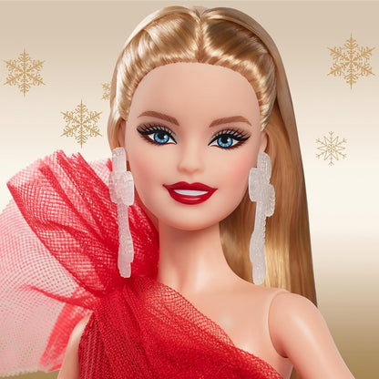 Barbie Boneca Signature, Boneca Loira da Moda para o Natal de 2024, com Vestido e Saia Xadrez, Presente de Colecionador da Temporada em Embalagem Exibivel, HRM65