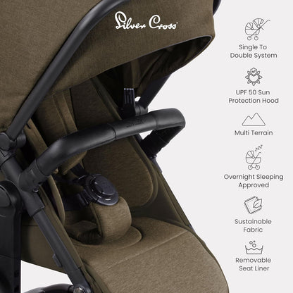 Silver Cross - Carrinho Wave Simples a Duplo - Carrinho de bebê 2 em 1 - Carrinho duplo estreito - Compatível com assento de carro - Recém-nascido a 4 anos (22kg) - Cedro