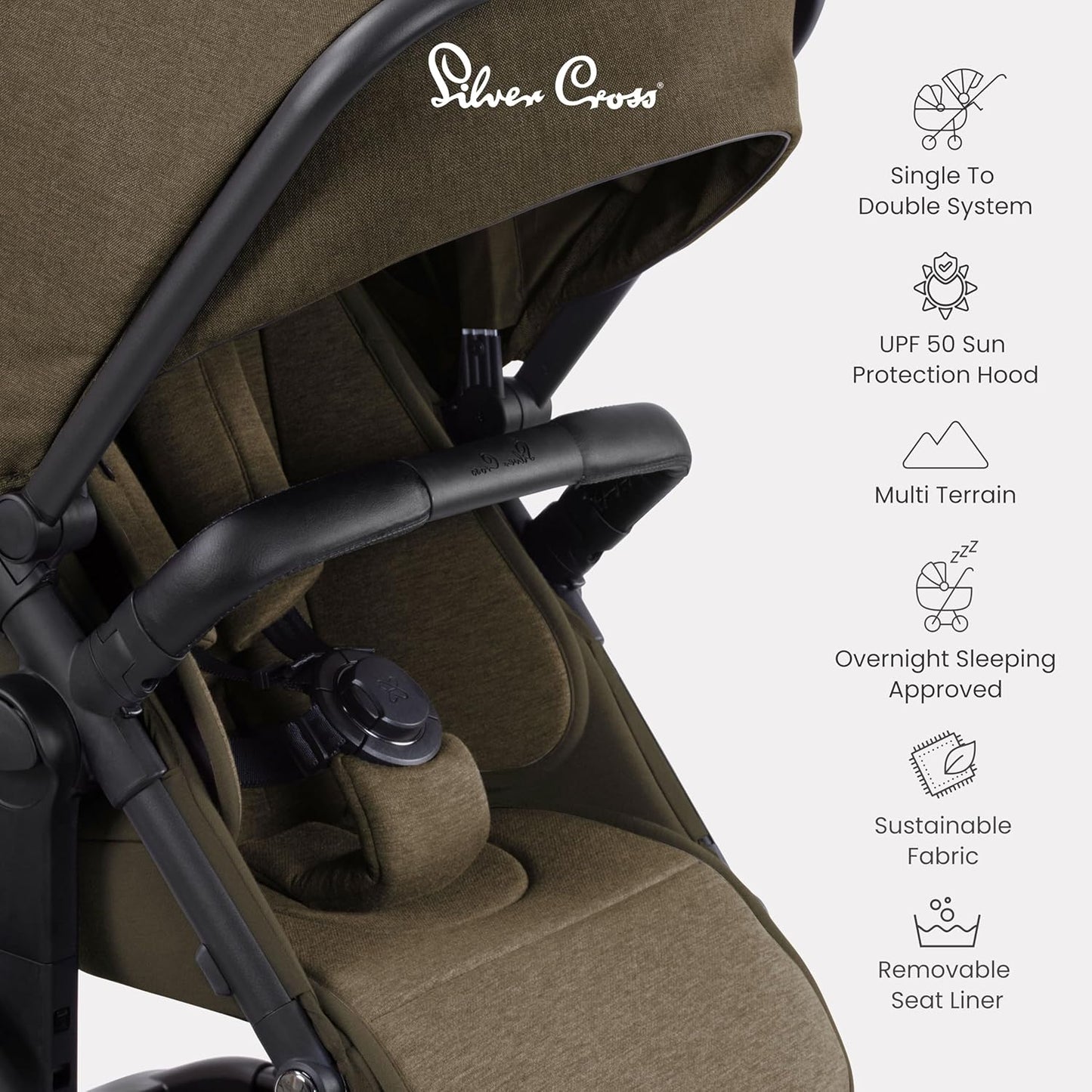 Silver Cross - Pacote de carrinho duplo Wave - Carrinho de bebê 2 em 1 com 2 alcofas e 2 assentos para carrinho - Buggy duplo estreito - Compatível com assento de carro - Recém-nascido a 4 anos (22kg) - Cedro