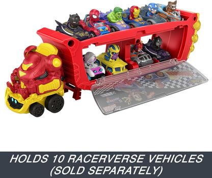 Hot Wheels  RacerVerse Marvel Hulkbuster Hauler, transporte e armazene até 10 veículos de brinquedo, cabine removível com capacete rebatível e figura não removível, HRY02