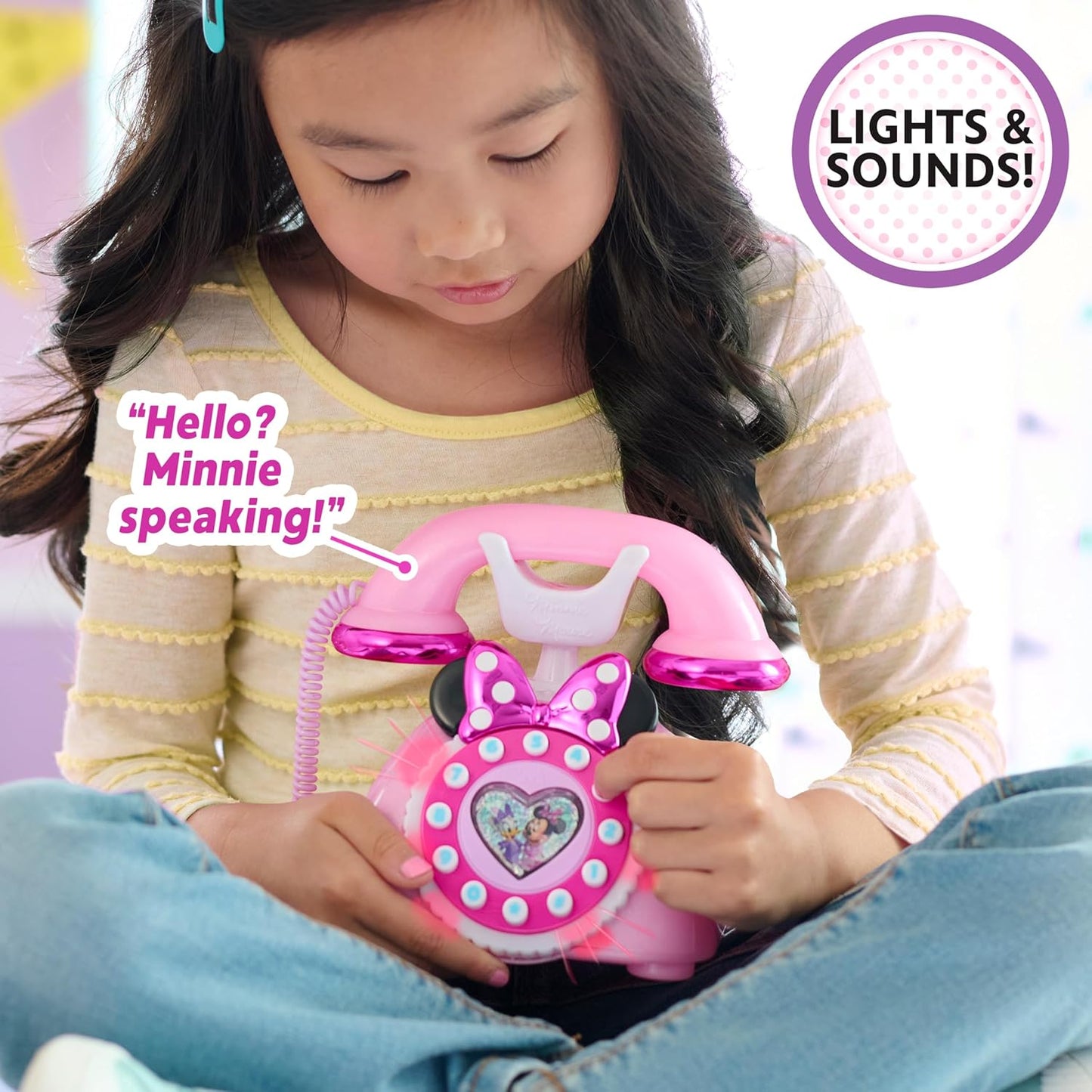 Just Play Disney Telefone infantil Minnie Mouse Ring Me com luzes e sons, rosa, brinquedo para crianças a partir de 3 anos.
