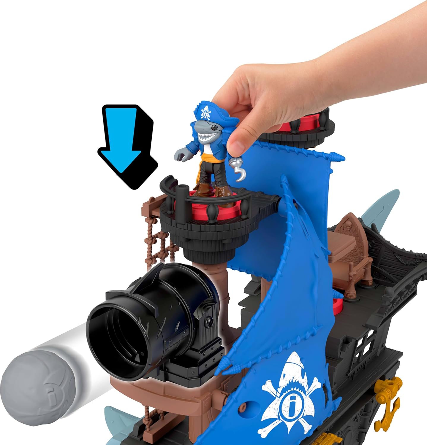 Fisher-Price Conjunto de brinquedo Imaginext Navio Pirata Mordida de Tubarão com 2 figuras de ação, barco de brinquedo com mandíbulas que mordem e lançador, 12 acessórios, JLC50