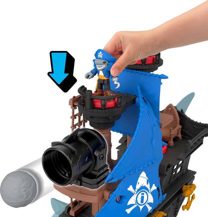 Fisher-Price Conjunto de brinquedo Imaginext Navio Pirata Mordida de Tubarão com 2 figuras de ação, barco de brinquedo com mandíbulas que mordem e lançador, 12 acessórios, JLC50