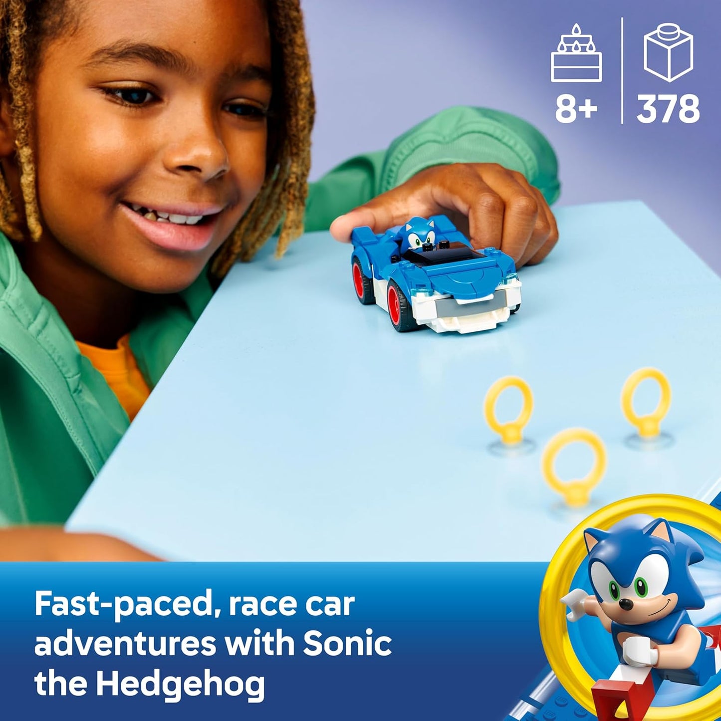 LEGO Sonic the Hedgehog: Sonic Speedster Lightning - Carro de Corrida de Brinquedo com Minifigura, Esmeralda do Caos e 3 Anéis Dourados - Presente Gamer para Meninos e Meninas a partir de 7 Anos - 77117