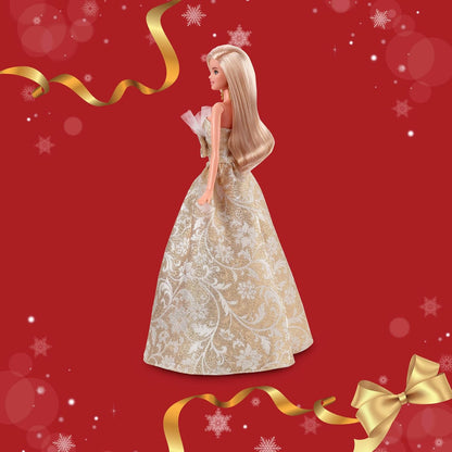 Barbie Signature, Barbie Loira de Natal 2025, Vestindo Vestido Prateado e Dourado, Colecionável Sazonal em Embalagem e Suporte para Exibição, JBJ00