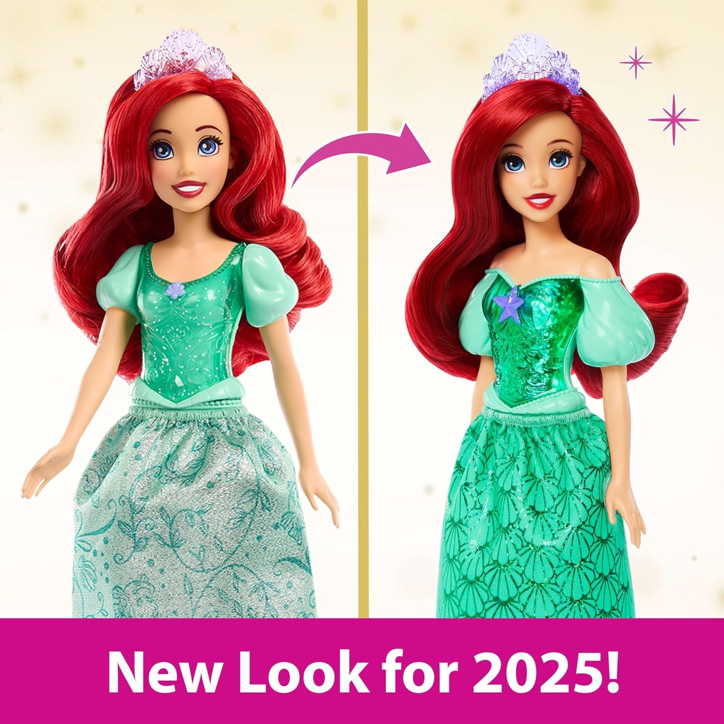 Mattel Boneca Disney Princess Ariel com Visual Clássico | Moda Brilhante com Saia, Tiara e Sapatos Removíveis, Articulada e Colecionável, Inspirada em A Pequena Sereia, HLW10