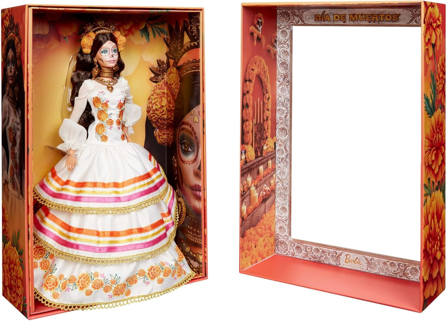 Barbie Signature Doll, Día De Muertos 2025 Collectible em vestido creme com babados, adornado com cravos-de-defunto e fita, coroa de flores e pintura facial de caveira, JBJ05