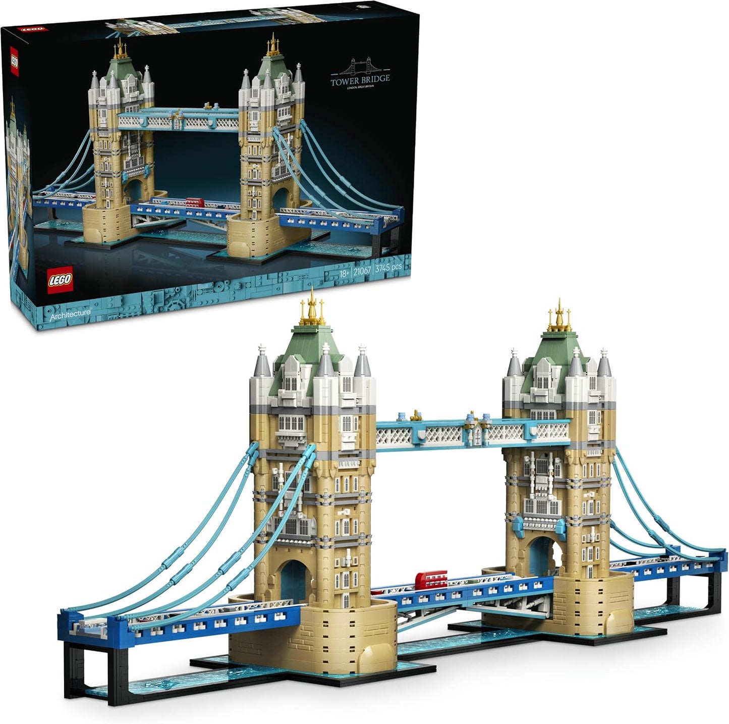 LEGO Architecture Tower Bridge – Kit de Modelo em Miniatura para Montar (Adultos) – Conjunto de Decoração 3D para Prateleira com Ponte Elevadiça, Base do Rio Tâmisa e Ônibus de Londres – Ideia de Presente Colecionável – 21067