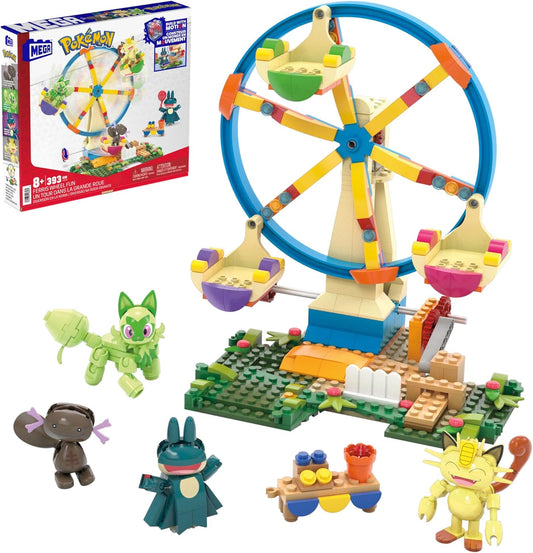 MEGA Conjunto de brinquedos de construção Pokémon, roda gigante divertida com 393 peças, 4 personagens articulados, 5+ polegadas de altura, para crianças, HXF80