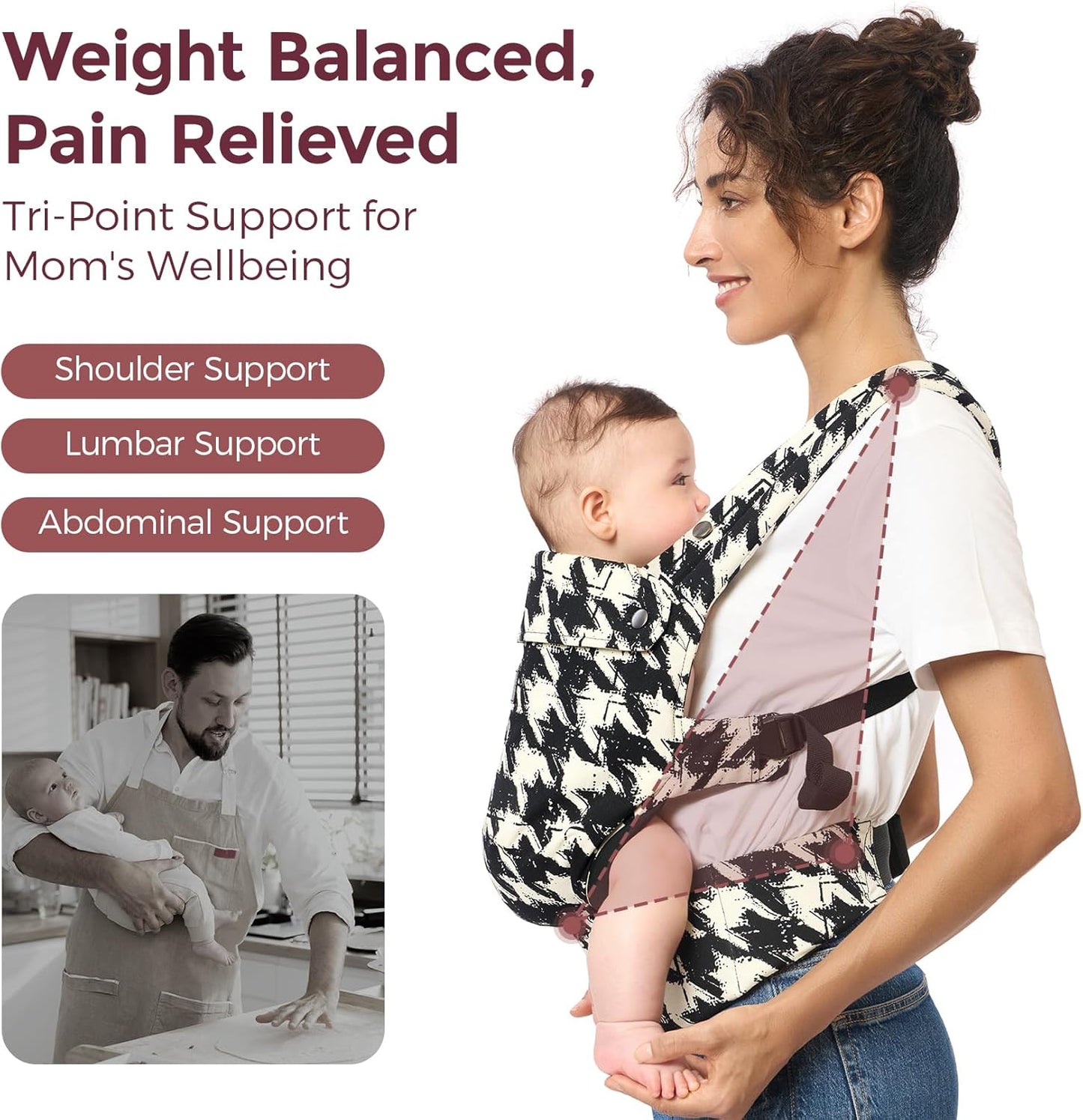 Momcozy Canguru - Canguru ergonômico, confortável e leve para bebês de 3 a 24 meses, fácil de colocar, ideal para pais com as mãos livres, suporte lombar reforçado, estampa pied-de-poule