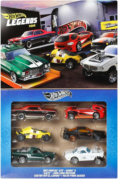 Hot Wheels, escala 1:64, carrinhos e caminhões de brinquedo em metal fundido, conjunto de 6 veículos HW Legends com decoração em relevo (os modelos podem variar), JBY78