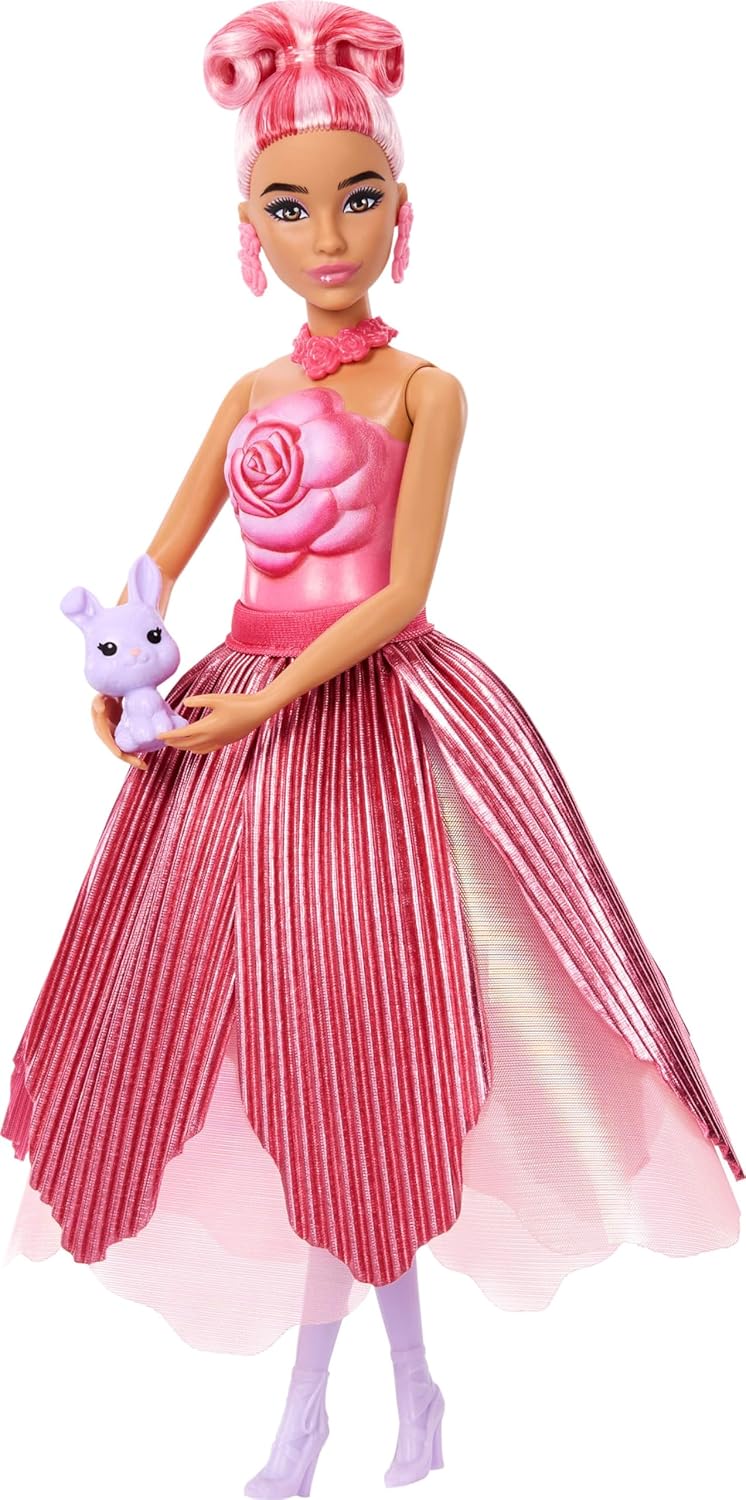 Barbie Petal Pop Boneca Perfumada com Vestido de Rosas e Acessórios, Revelação de Buquê com Coelhinho de Estimação e Surpresas como Regador, Colar e Brincos, JMF59