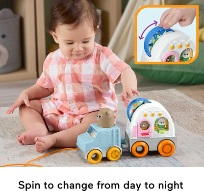 Fisher-Price Brinquedo para bebês e crianças pequenas: Veículo de reboque Friendship Forest com atividades sensoriais para bebês a partir de 1 ano de idade, JKD52