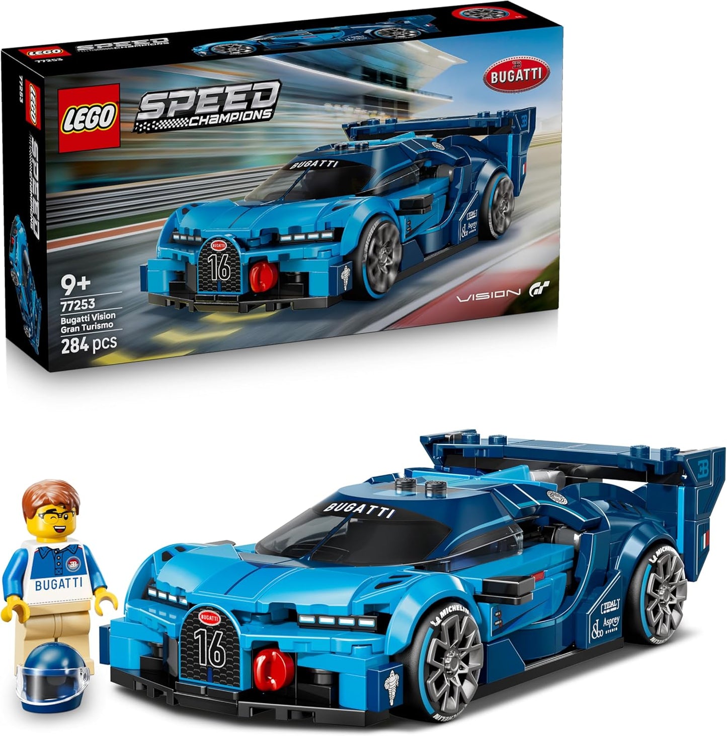 LEGO Speed Champions Bugatti Vision GT Hyper Sports Car - Kit de Montagem com Minifigura Colecionável de Piloto - Ótima Ideia de Presente para Meninos a partir de 9 Anos e Fãs de Automobilismo - 77253