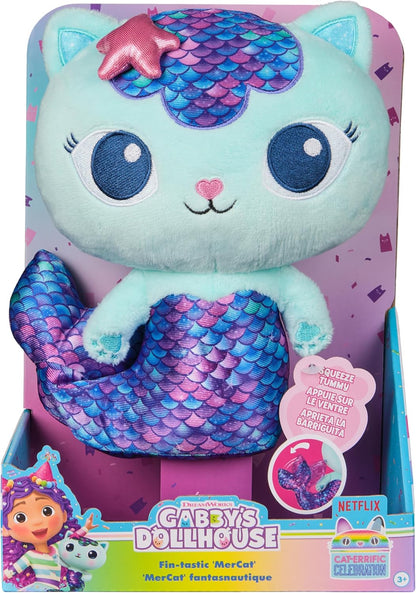 Gabby’s Dollhouse, Sereia-Gata Fin-Tastic, Brinquedo de Pelúcia Premium, Animal de Pelúcia de 25cm de Altura com Cauda de Sereia Móvel, Brinquedo Infantil para Meninas e Meninos a partir de 3 Anos