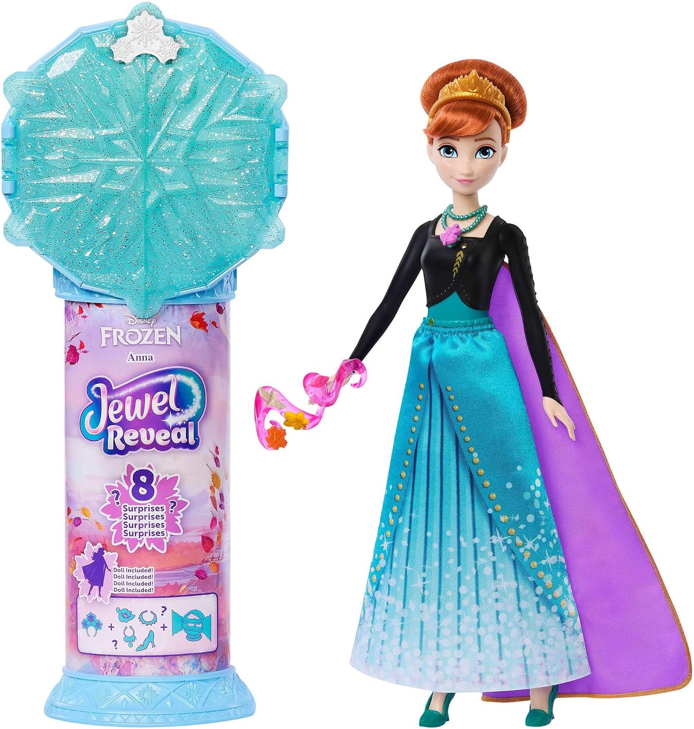 Mattel Conjunto de Boneca Fashion Anna Disney Frozen 2 – Gire e Revele | 8 Surpresas, incluindo caixa de joia em formato de floco de neve, anel para a criança, acessório Gale e 8 peças para brincar; articulada e colecionável, JJY37
