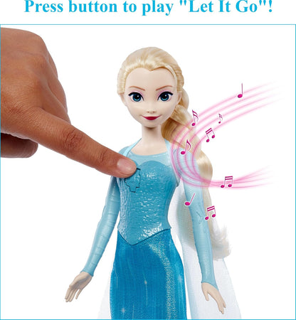 Mattel Boneca Disney Frozen Elsa que Canta – Canta "Let It Go" em Inglês | Boneca Fashion Musical Articulada com seu Vestido Azul Característico, Saia e Sapatos Removíveis e Cabelo Trançado – Inspirada no Filme – JFH84