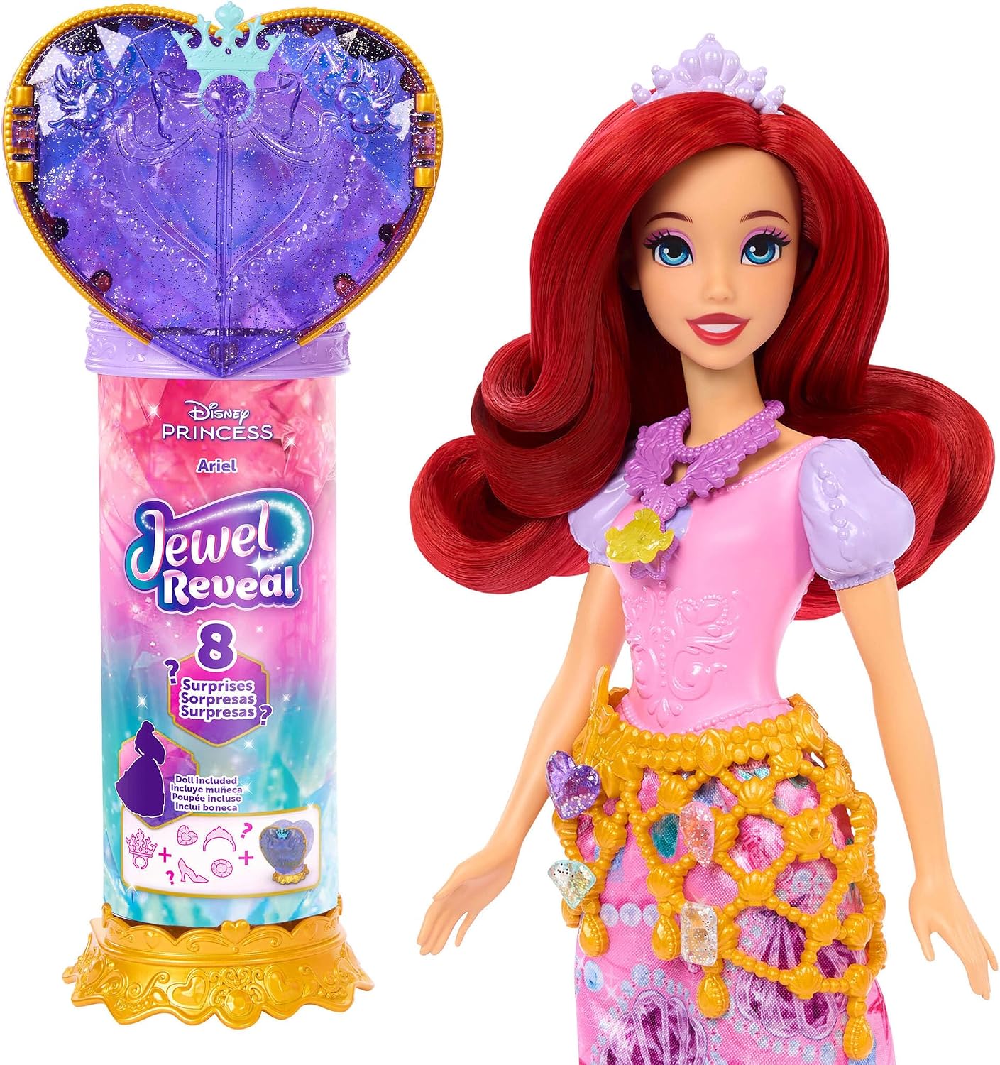 Mattel Boneca Disney Princess Ariel Surprise Fashion e Acessórios | 8 Surpresas, incluindo caixa com joia em formato de coração, anel para a criança e 9 peças para brincar; inspirada no filme A Pequena Sereia, JHL49
