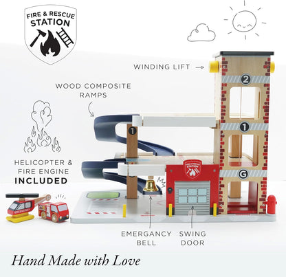 Le Toy Van TV453 Conjunto de carro de garagem de incêndio e resgate de madeira de 3 andares, brinquedos de dramatização de veículo, adequado para mais de 36 meses, universal