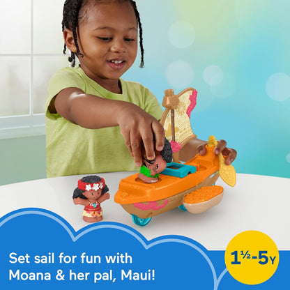Brinquedo Fisher-Price Little People para crianças pequenas: Canoa à Vela da Princesa Moana e do Maui da Disney com figuras para brincar de faz de conta. Idade recomendada: 18+ meses. HNR27