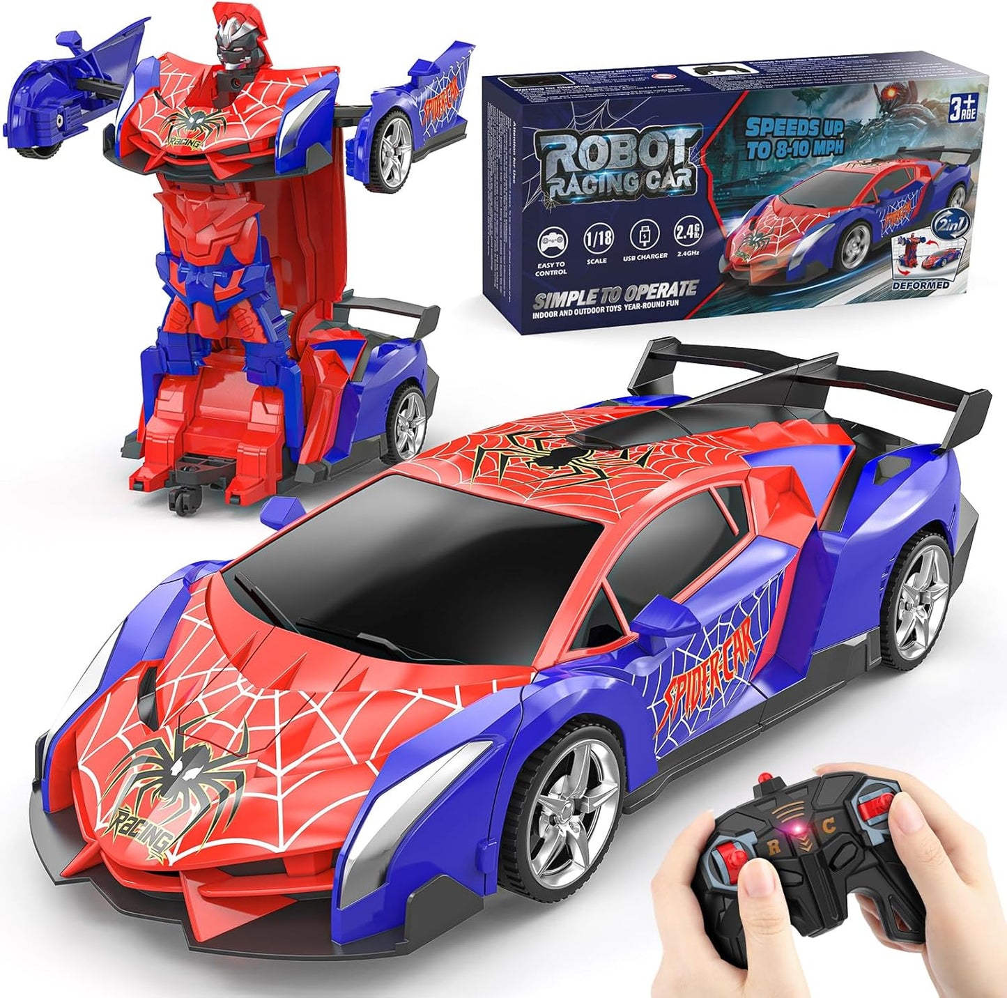 Carro Robô Aranha com Controle Remoto, Carro RC Transformável 1:18 2.4GHz, Brinquedo de Corrida para Crianças de 3 a 10 Anos - Presente Ideal para o Natal e Aniversário
