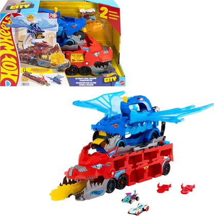 Conjunto de Pista de Carrinhos Hot Wheels City, Transportador Duplo de Dragões Supremo e 2 Carrinhos de Metal Fundido, Dragão em Grande Escala e Dragão Removível, Armazena Mais de 20 Veículos, JKJ79