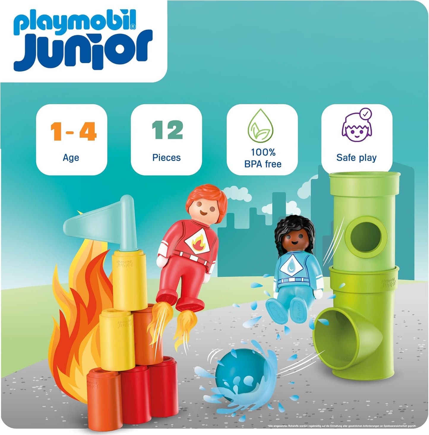 Playmobil | JUNIOR | JUNIOR: Ação de Super-heróis | Conjunto de Montar com Mulher-Água, Homem-Fogo, Torres e Elementos de Pista de Bolas | Para Crianças a partir de 4 Anos | 72085