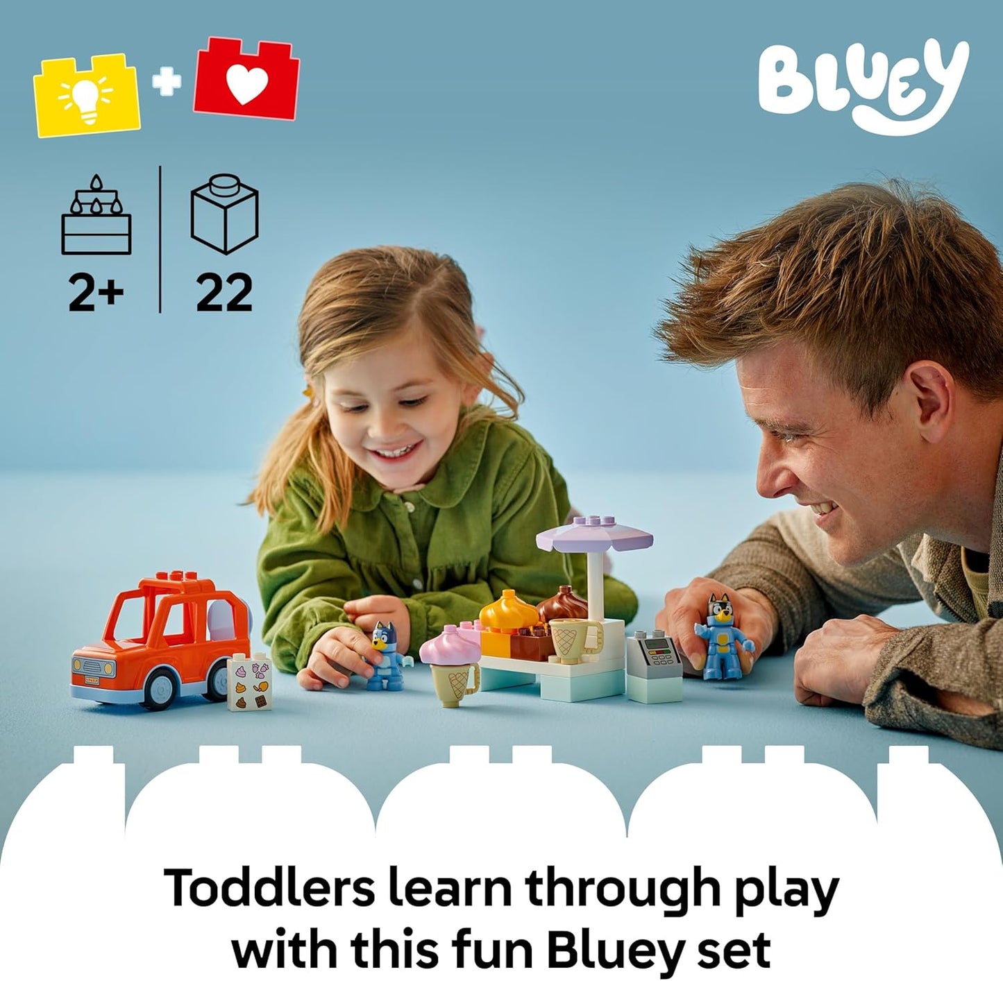 LEGO 10458 DUPLO Bluey: Viagem de Sorvete com Bluey - Brinquedo Educativo de Habilidades Motoras para Crianças, com Carrinho de Brinquedo e Suporte de Sorvete, além de 2 Figuras, incluindo Bandit - Presente para Meninas e Meninos a partir de 2 Anos -