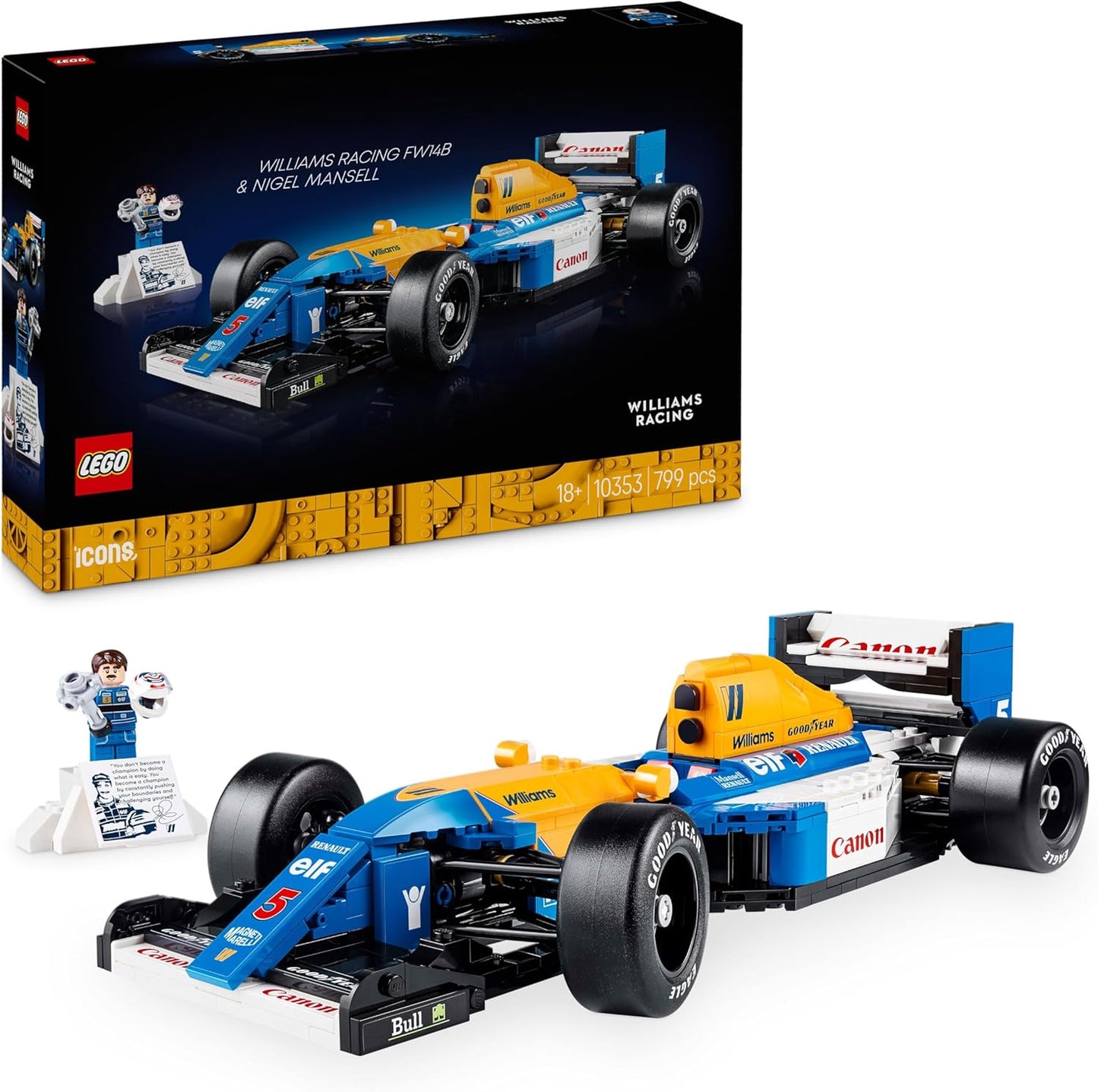 LEGO Icons Williams Racing FW14B e Nigel Mansell - Conjunto de modelo de carro de F1 para adultos, com minifigura colecionável do piloto, troféu e suporte de exibição - Ideia de presente para fãs de automobilismo homens, mulheres e adolescentes 10353