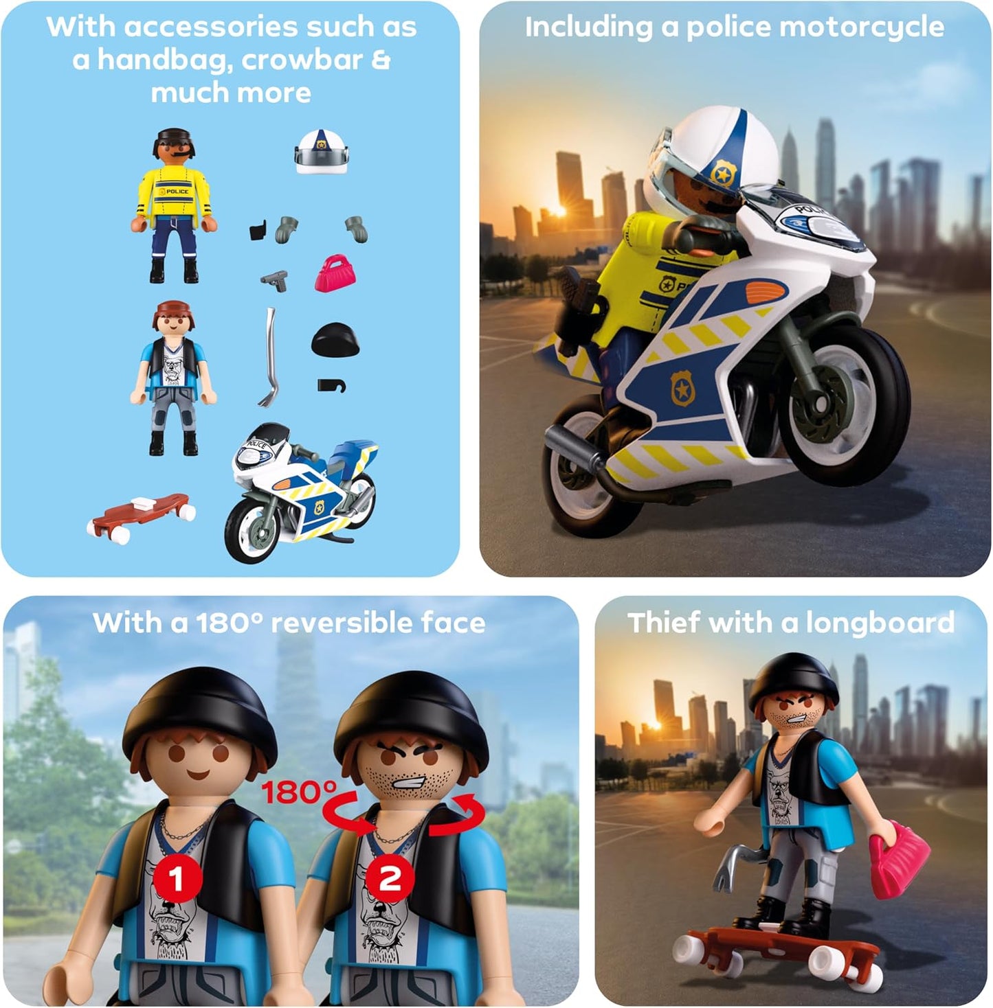 Playmobil City Action Perseguição Policial de Moto, Policial persegue ladrão de longboard, Estimula a criatividade, Brinquedo infantil para crianças a partir de 4 anos, 72079